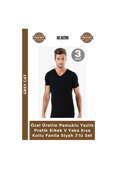 Grey Cat Özel Üretim Pamuklu Yazlık Pratik Erkek V Yaka Kısa Kollu Fanila Siyah 3'lü Set