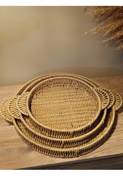 3 Boy Hasır Rattan Örme Tepsi Bambu Kulplu Diğer