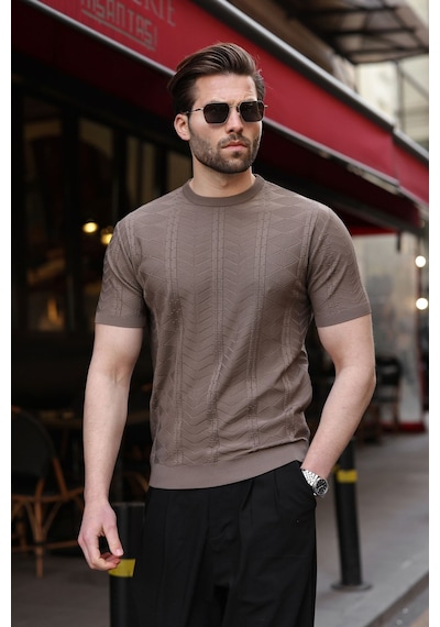 Açık Kahverengi Bisiklet Yaka Slim Fit Triko Erkek Tişört E7466