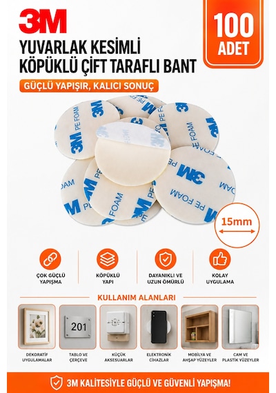 100 Adet 3m Yuvarlak Kesimli Köpüklü Çok Güçlü Çift Taraflı Bant Çap: 15mm