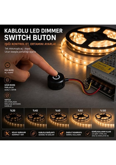 Pm-30788 12v Dc 13mm Gömme Dokunmatik Led Dimmer Kontrolcüsü Switch Buton Siyah Adaptor Sec-Kumanda-Metraj Seç Yok-Kumanda-Yok