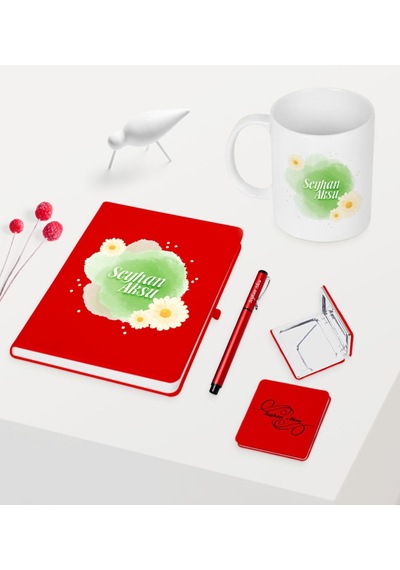 Kadınlar Gününe Özel Kırmızı Defter Kalem Kupa Ayna Seti - 14