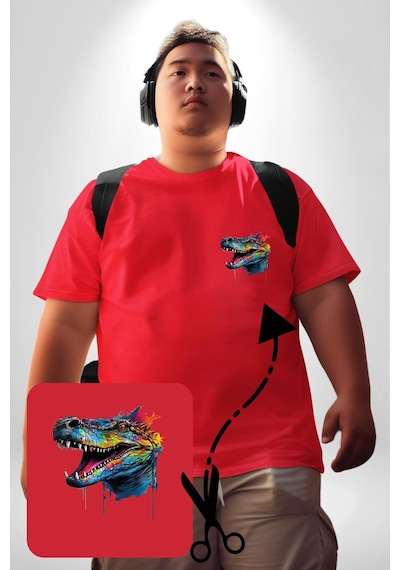 Angemiel Timsah Renkli Kafası Kırmızı Büyük Beden Kadın Basic Minimal Baskılı Tişört Kırmızı