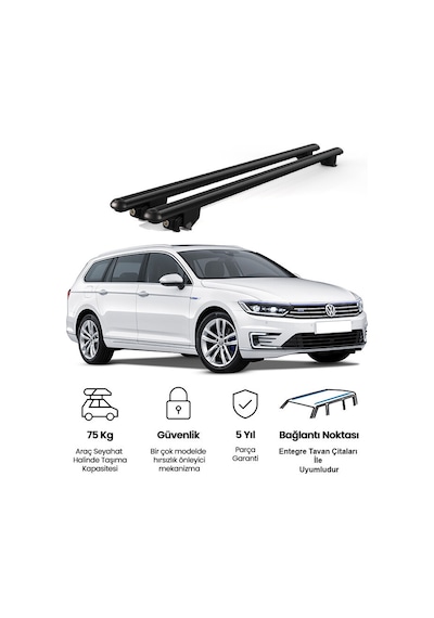 Kanca Volkswagen Passat B8 Alltrack 2015 Vesonrası Uyumlu Siyah Kilitli Ara Atkı 120cm Port Bagaj Tavan Barı
