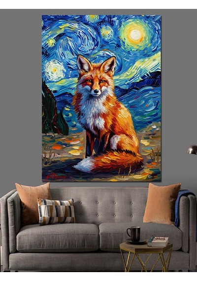 Ahşap Tablo Van Gogh Tarzında Tilki Portresi