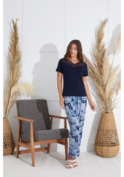 Sevim Kadın Dantelli Kısa Kol Lacivert Pijama Takım C1t5n551 001