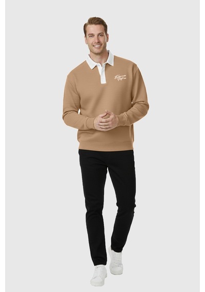 Rizzup Erkek Camel Relax Fit İçi Polarlı Polo Yaka Sweatshirt Pamuklu Kalın Sweatshirt 2600762