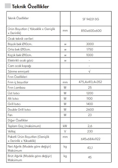 Vestel SF 94221 DG 4 Gözü Gazlı Solo Fırın