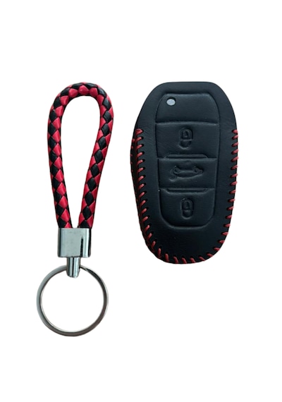 Autohan Keys Deri Anahtar Koruma Kılıfı Peugeot 308, 508, 2008, 3008, 4008, 5008, Rifter, Grandland X İçin, Siyah Kırmızı Örgülü Desen, Anahtarlık Dahil