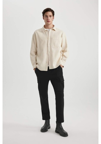 DeFacto  Oversize Geniş Kalıp Polo Yaka Waffle Uzun Kollu Gömlek C2841AX24SPBG734