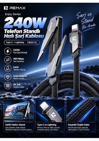 Remax Cb53-cl Enjoy Serisi 30w Pd Type-c To Lightning Telefon Standlı Hızlı Şarj Ve Data Kablosu 1.2 Metre Siyah