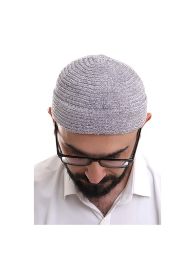 Gri Katlamalı Sade Desen Kışlık Kadife Takke Şapka