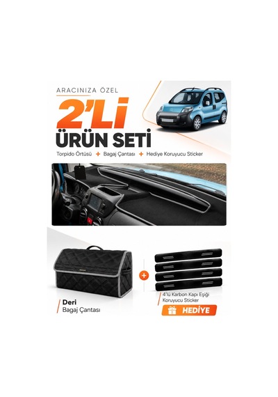Cıtroen Nemo 2007-2020 Uyumlu Torpido Örtüsü + Deri Bagaj Çantası + Sticker Seti - Siyah Gri