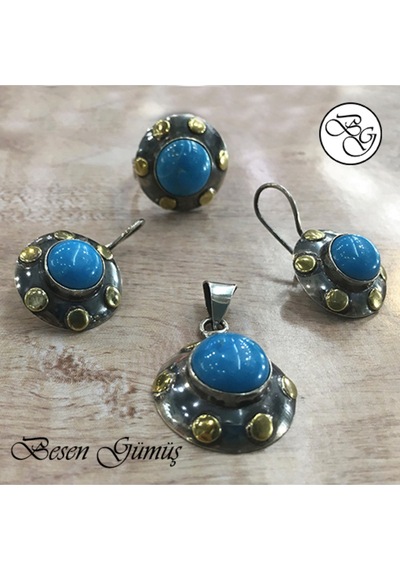 Firuze Taşlı Otantik Set Rose Gold - Gümüş