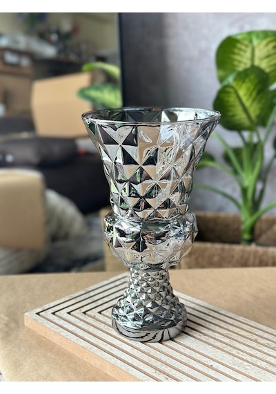 Diamond Desenli Kristal Cam Vazo - 28x15 Cm Hediyelik Lüx Vazo Modern & Lüks Dekoratif Büyük Boy Vazo Şeffaf
