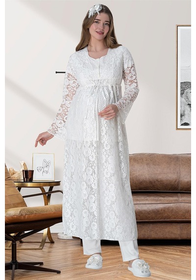 Mecit Pijama Mecit 6060 Ekru Dantel Sabahlıklı Gecelik Pijama Lohusa Set