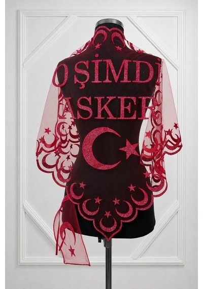 Azra Kına Kırmızı Simli O Şimdi Asker Yazılı, Asker, Sağdıç Kına Omuz Örtüsü, Kına Örtüsü, Asker Örtüsü Şalı, Söz Nişan Düğün Asker Kına Örtüsü