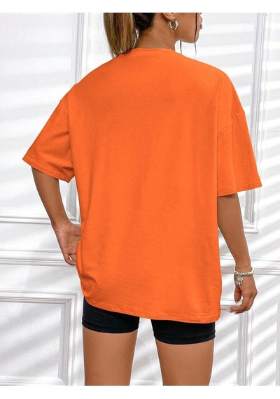 Kalp Logo T-shirt - Turuncu Baskılı Oversize Bisiklet Yaka Kısa Kol Tişört Turuncu