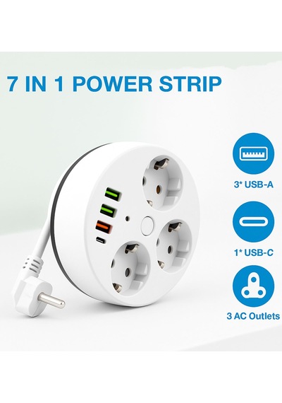 7in1 Makaralı Grup Priz 1.5m Kablo 3 Usb-a 1 Usb-c Akım Korumalı Hızlı Şarj 1