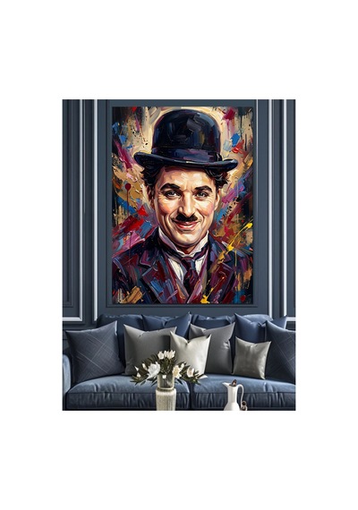 Renkli Boya Patlamalı Charlie Chaplin Yağlı Boya Dokulu Kanvas Tablo Canvas Tablosu