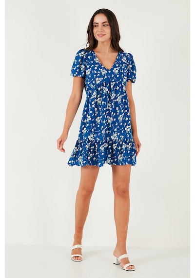 Lela Regular Fit V Yaka Balon Kol Desenli Mini Bayan Elbise 67810045 Koyu Mavi