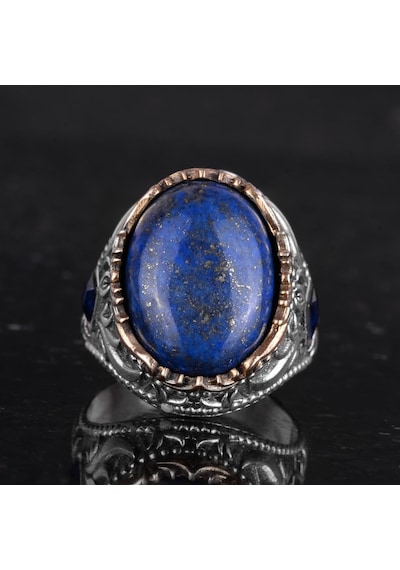 Gerçek Doğal Taş Yüzük - 925 Ayar Gümüş El Yapımı Yüzük Lapis Lazuli Gümüş