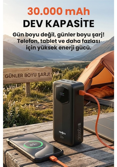30.000 Mah Hızlı Şarj Powerbank 22.5 W Kendinden Kablolu Göstergeli Taşınabilir Batarya Siyah