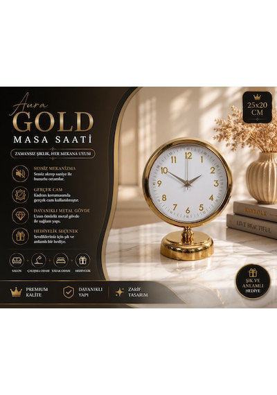Aura Gold Modern 25 X 20 Cm Metal Masa Saati