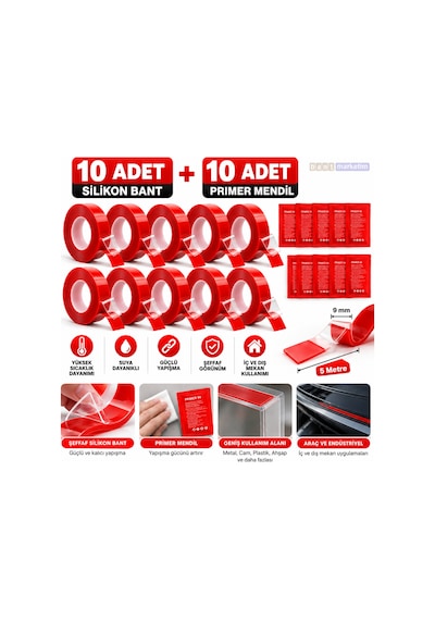 Silikon Çift Taraflı Bant 10adet 9mm X 5m + 10adet 3m Primer 94 Yapışma Güçlendirici Set