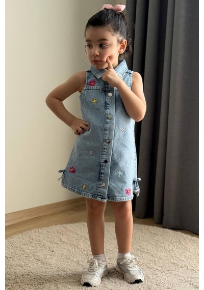 Boyboy Kidswear Kız Çocuk Çiçek Nakışlı Denim Elbise Mavi Kot Mavisi