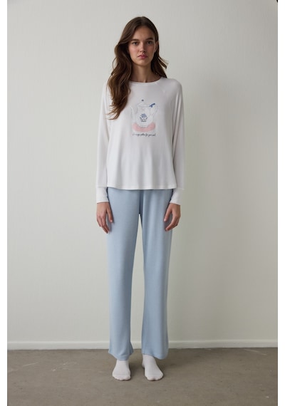 Penti Kırık Beyaz Tea Time Bisiklet Yaka Termal Etkili Sweatshirt Pijama Üstü