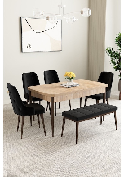 Clara Meşe Desen 80x132 Açılabilir Mdf Masa Yemek Odası Takımı,mutfak Takımı 4 Sandalye 1 Bench Siyah Clara Meşe Desen 80x132 Açılabilir Mdf Masa Yemek Odası Takımı,mutfak Takımı 4 Sandalye 1 Bench Siyah