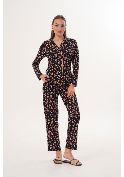 Çift Kaplan Kadın Pamuk Modal Gömlek Yaka Önden Düğmeli Siyah Pijama Takımı 7010 Siyah