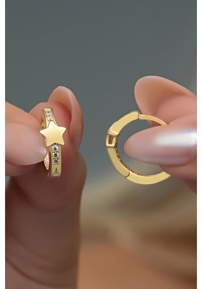 Nereze 925 Ayar Gümüş Gold Kaplama Yıldız Detay 15 Mm Halka Küpe