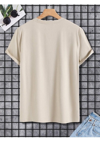 Boğa Sembol T-shirt - Bej Baskılı Oversize Bisiklet Yaka Kısa Kol Tişört Bej