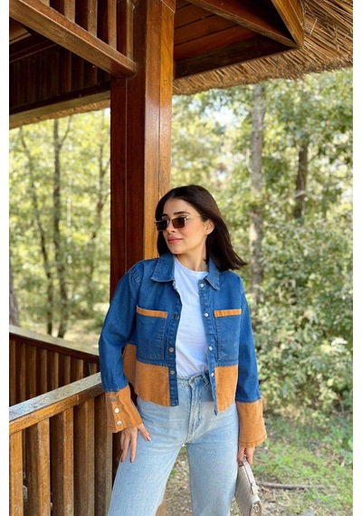 Kadın Mavi & Turuncu Denim Kontrast Çift Renk Detay, Ön Düğmeli Manşetli, Kot Ceket Turuncu