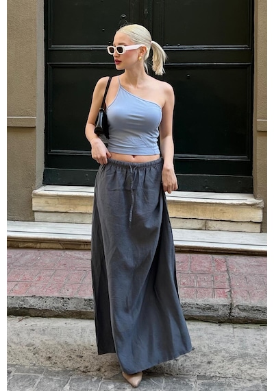 Madmext Füme Beli Lastikli Uzun Kadın Etek Mg1979 Füme
