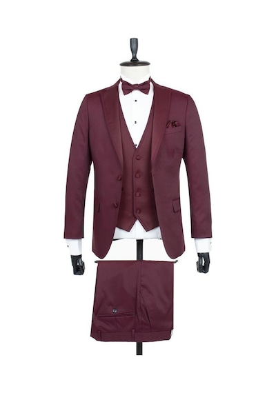 İmza Bordo Desenli Armürlü Mono Yaka Astarlı Yelekli 6 Drop Slim Fit Dar Kesim Smokin Damatlık 1001195219-Bordo İmza Bordo Desenli Armürlü Mono Yaka Astarlı Yelekli 6 Drop Slim Fit Dar Kesim Smokin Damatlık 1001195219-Bordo