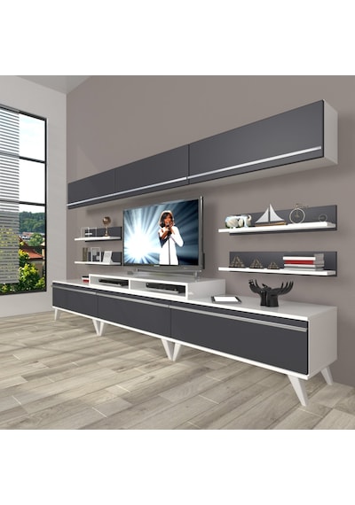 Decoraktiv Ekoflex 8y Mdf Retro Tv Ünitesi Tv Sehpası Beyaz - Antrasit