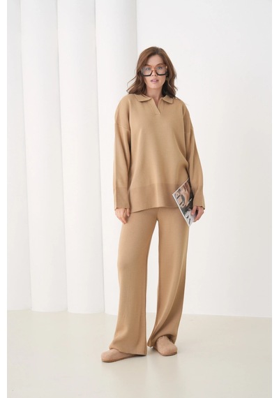 Park Karon Kadın Polo Yaka Yırtmaçlı Oversize Kazak Palazzo Pantolon Triko Alt-üst Takım Camel