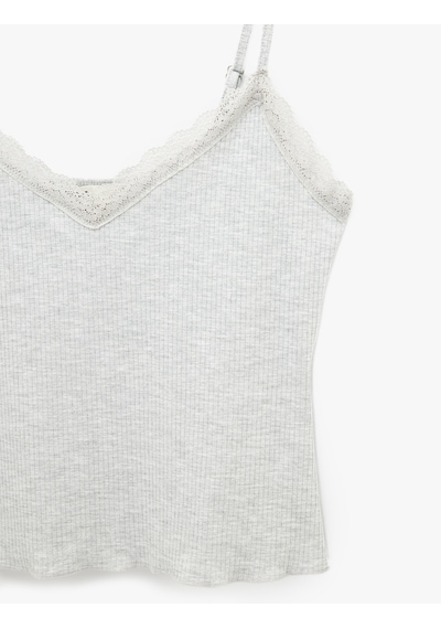 Koton Dantel Detaylı İnce Askılı Pijama Üstü Gri Melanj 6slk90058mk