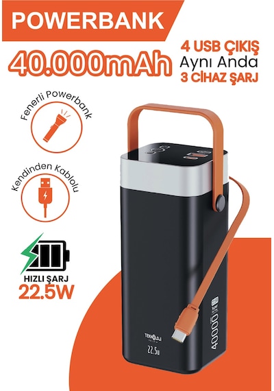40.000 Mah Hızlı Şarj Powerbank Kamp Işığı Güçlü El Feneri Kablolu Göstergeli Taşınabilir Batarya Siyah