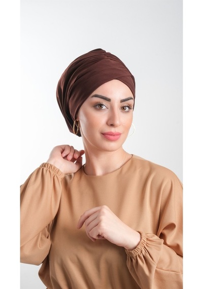 Hürrem Bone Kahverengi Pratik Hazır Geçmeli Tesettür Bone Sandy Kumaş Büzgülü Kahverengi