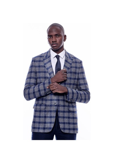 Wessi Ekose Sivri Yaka Slim Fit Mavi Erkek Ceket - Wessi Mavi