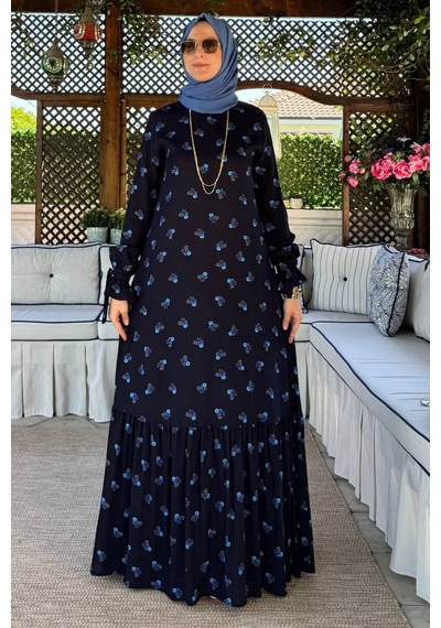 Rabia Şamlı Gül Mavi Çiçekli Elbise Normal