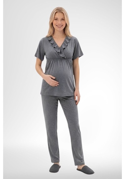 Mecit Pijama Mecit 6403 Sabahlıklı Lohusa Pijama Takımı Füme