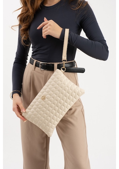 Oldso Kadın Suni Deri Siyah Mozaik Desen Çapraz Ve El Askılı Portföy Clutch Bej