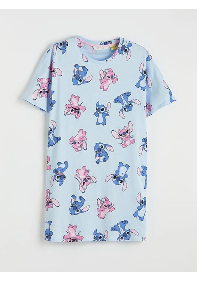 Lc Waikiki Mavi Bisiklet Yaka Stitch Ve Angel Baskılı Kadın Gecelik
