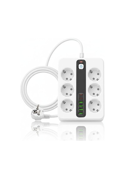 6'lı Grup Priz 4xusb 2xtype-c Çıkışlı Isıya Dayanıklı Power Tuşlu 2 Mt Kablolu Priz Çoğaltıcı Standart