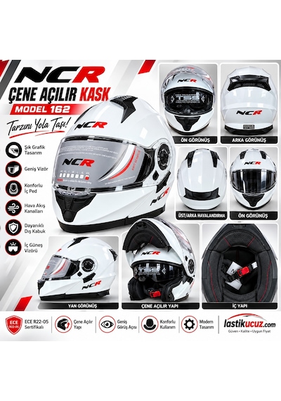 Ncr-162 Çene Açılır Gözlüklü Ece-22-05 Belgeli Kask Parlak Beyaz